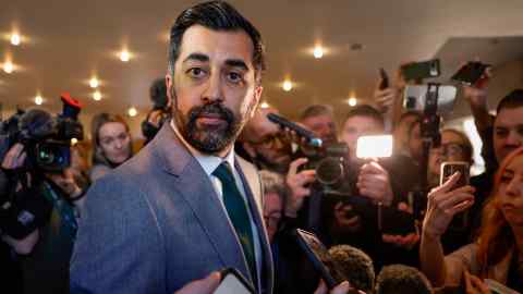 Scottish First Minister Humza Yousaf faces questions from reporters following First Minister’s Questions at Scottish Parliament