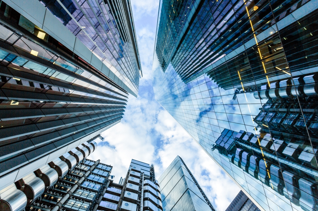 Low angle view of glass skyscrapers in the City of London financial district, England, UK