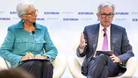 ECB president Christine Lagarde and US Fed  chair Jay Powell at the ECB forum on central banking in Portugal last year