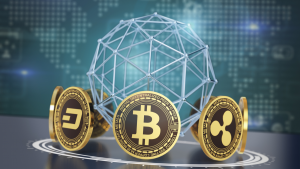 An image of several crypto coins in a circle around a geodesic sphere.