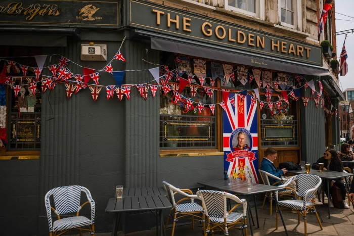 Union jack bunting outside a pub in London