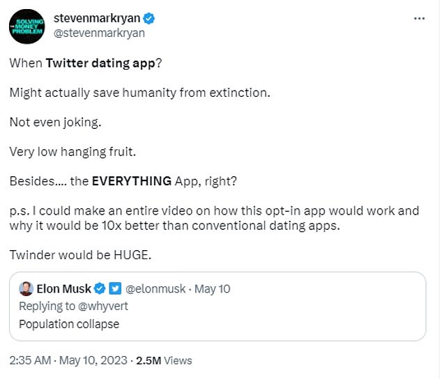 The dating app pitch came from content creator Steven Mark Ryan, a YouTuber who posts videos on tech and finance news. The idea came after Musk replied 'population collapse' to a tweet showing how fertility rates keep dropping in the Nordic countries