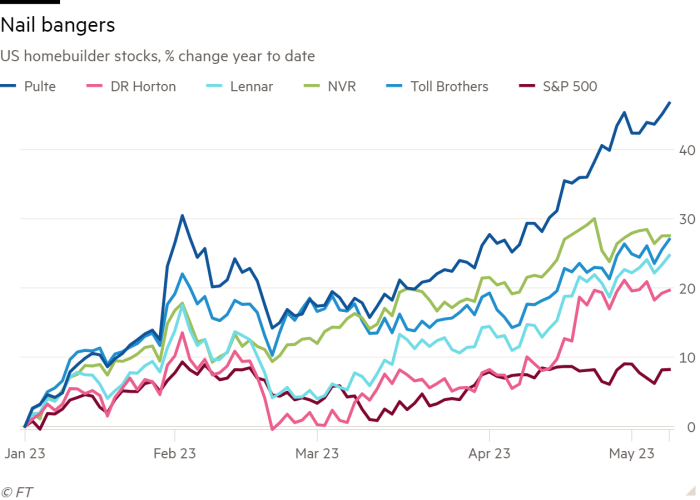 Line chart of US homebuilder stocks, % change year to date showing Nail bangers