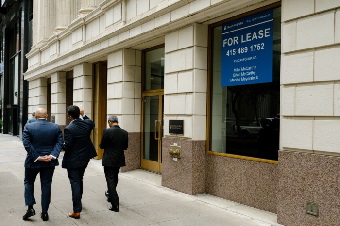 A ‘For Lease’ sign in the Financial District of San Francisco