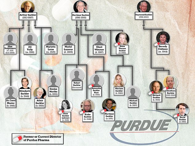 The Sackler family fortune was spearheaded by three Brooklyn-born, doctors named Arthur, Mortimer and Raymond Sackler. Arthur and Mortimer Sackler each married three times, and Raymond married once. There are 14 children in the second generation and even more grandchildren. Arthur Sackler's family has never been involved in the OxyContin epidemic, as they sold their stake in Purdue Pharma to the other brothers after his death in 1987. The eight Sackler family members who were implicated by the New York attorney general in a lawsuit were the widowed matriarchs Theresa and Beverly Sackler, and their children Kathe, Mortimer Jr, Richard, Jonathan and Ilene Sackler Lefcourt; and David Sackler, a grandson