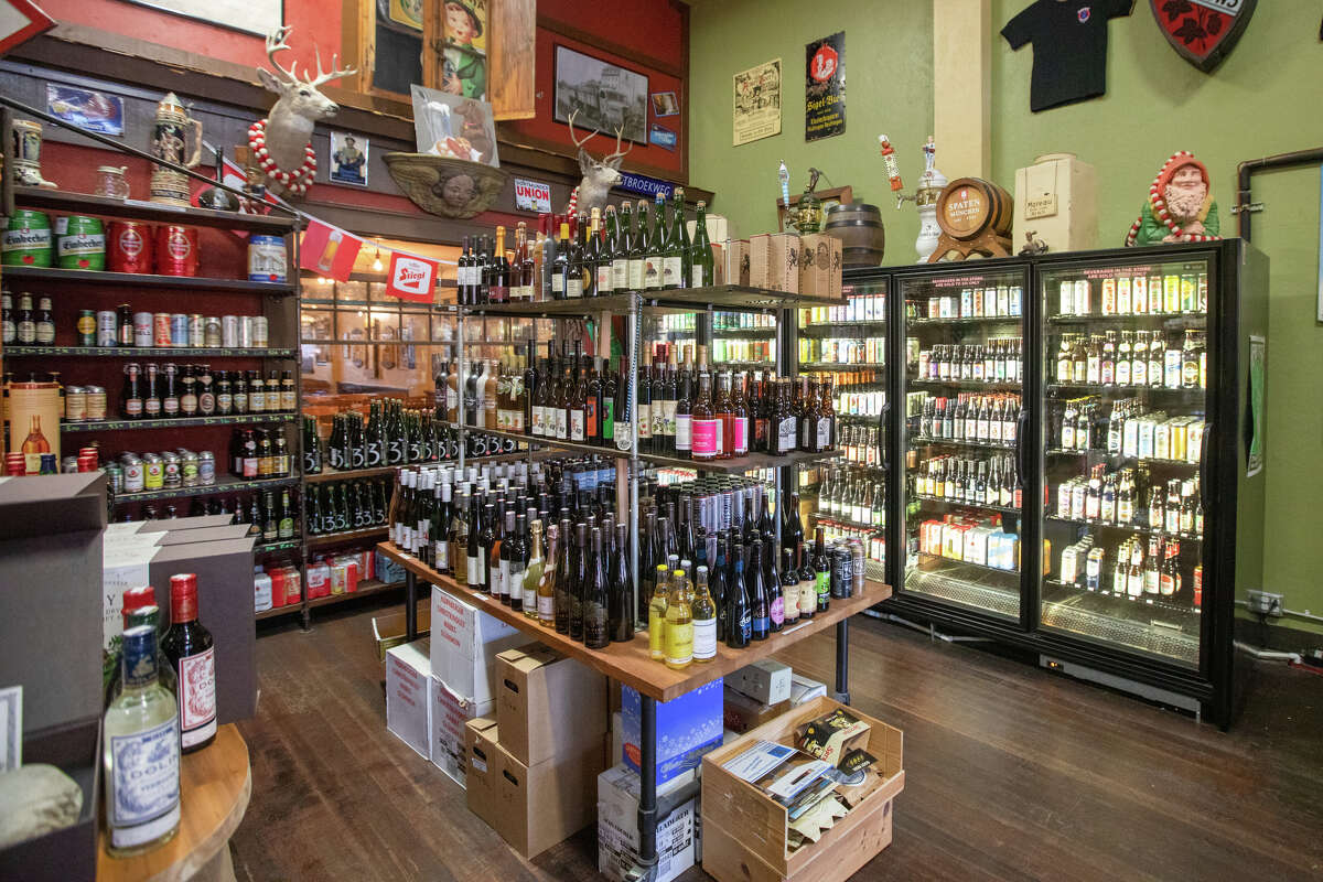 The German specialty store in the front section of Gourmet Haus Staudt is stocked with beers from Germany in Redwood Calif., on January 14, 2022.