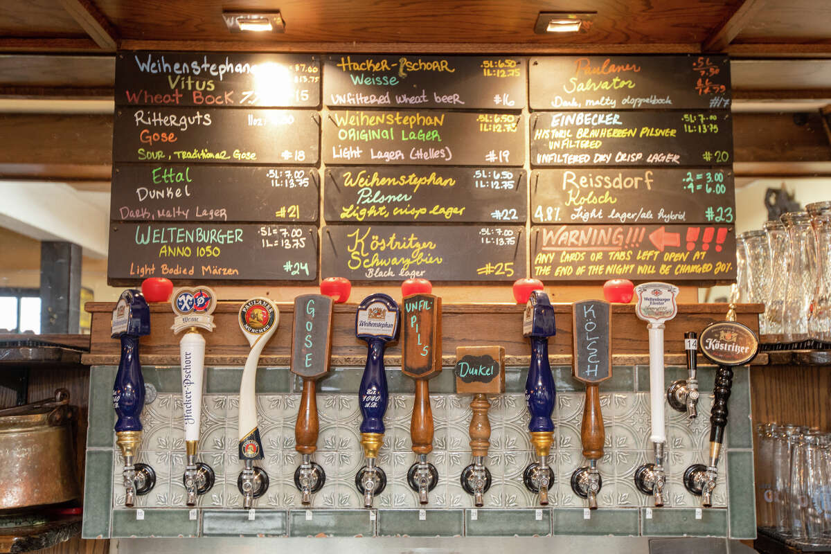 The taps and german beers available at the Gourmet Haus Staudt beer hall in Redwood Calif., on January 14, 2022.