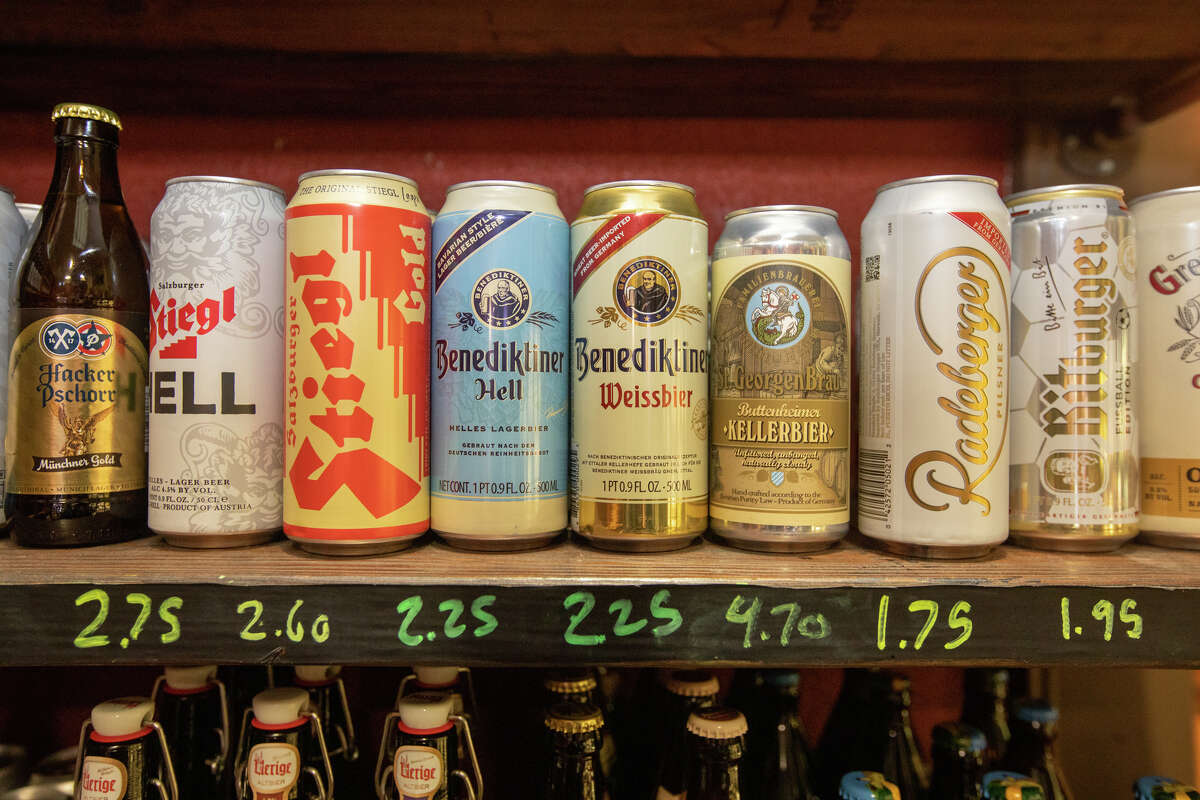 The German specialty store in the front section of Gourmet Haus Staudt is stocked with beers from Germany in Redwood Calif., on January 14, 2022.