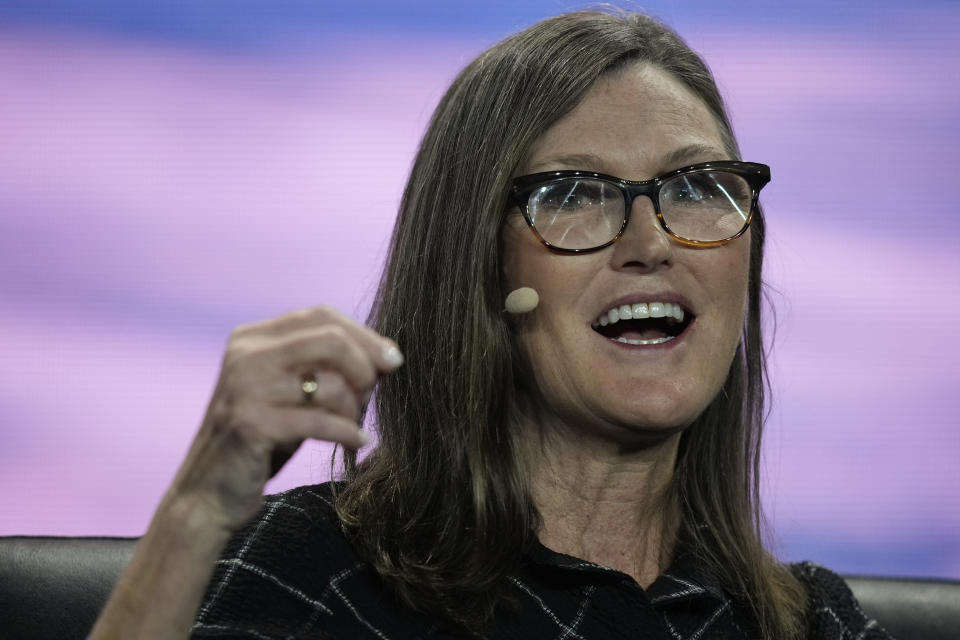 Cathie Wood, CEO of Ark Invest, speaks during a panel discussion at the Bitcoin Conference, Thursday, April 7, 2022, in Miami Beach, Fla. Thousands of cryptocurrency enthusiasts are gathering in Miami as the city builds its reputation as one of the key locations to develop the blockchain technology despite its underdog status. (AP Photo/Rebecca Blackwell)