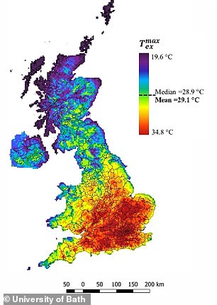 Maximum temperature for a typical summer's day in 2080s