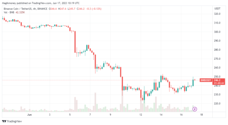 Binance coin still trading below the $250 resistance mark