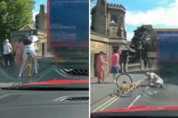 Watch cyclist with no helmet cling to HGV but fall off in front of traffic