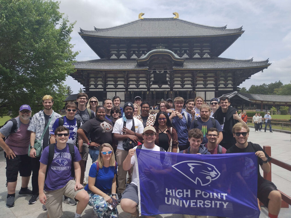 Pictured are HPU students at Todai-ji Temple in Nara, Japan. The building behind them is the Great Buddha Hall, which houses the world’s largest bronze statue of Buddha Vairocana. 