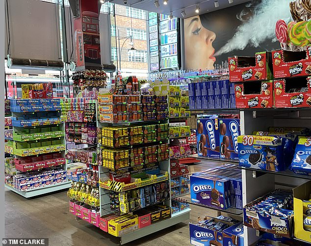 Prime Candy on Oxford Street, where MailOnline found huge vape displays alongside many different types of American sweets