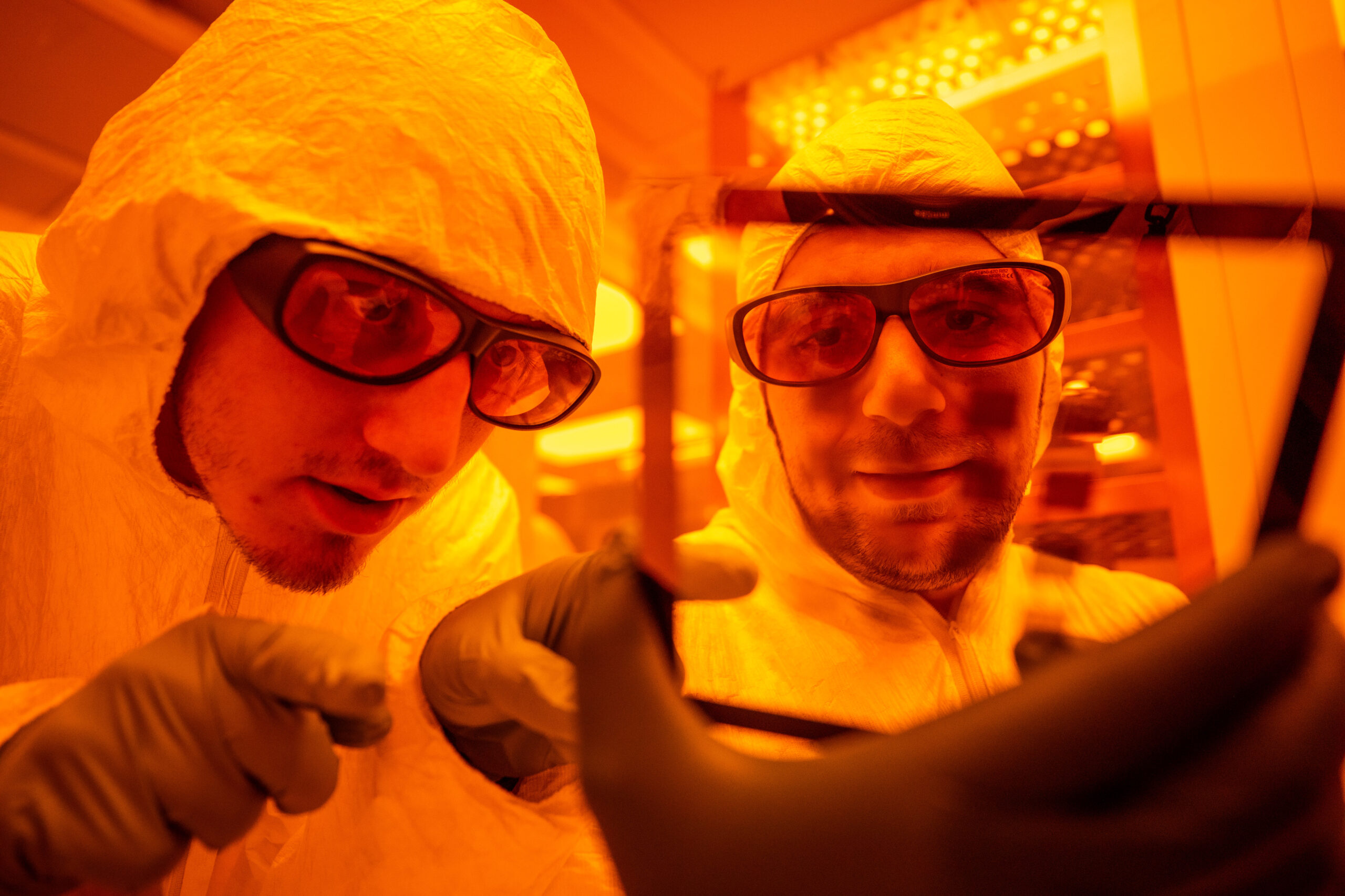 Post-Doctoral Researcher Amine Benkechkache and student Lance Drouet conduct research in a class 100 clean room at the Mirco-Processing Research Facility housed within UT’s new Institute for Advanced Materials and Manufacturing located at Cherokee Farm