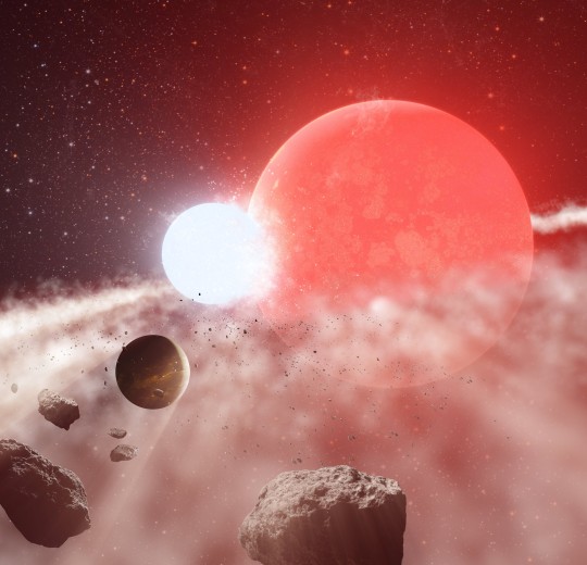 *EMBARGOED UNTIL 16.00 BST, WED JUNE 28 (11.00 ET)* Portrayed is the violent merger between two stars that may have formed the helium-burning giant star Baekdu. The merger debris forms a disk from which the planet Halla formed, enabling the planet's unlikely survival around the star. See SWNS story SWSCplanet. A mysterious planet just 520 light years away should not exist, say astronomers. The Jupiter-like gas giant defies logic - by escaping engulfment by its host star. It orbits a kind of decaying star known as K-type - slightly cooler than our sun and orangish in colour. As they balloon outward anything too close is swallowed up. But gas giant 8 Ursae Minoris b has survived.