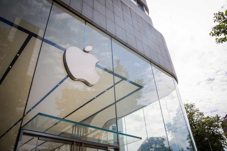 Entrance of the apple store in Brussels, Apple logo on the window.