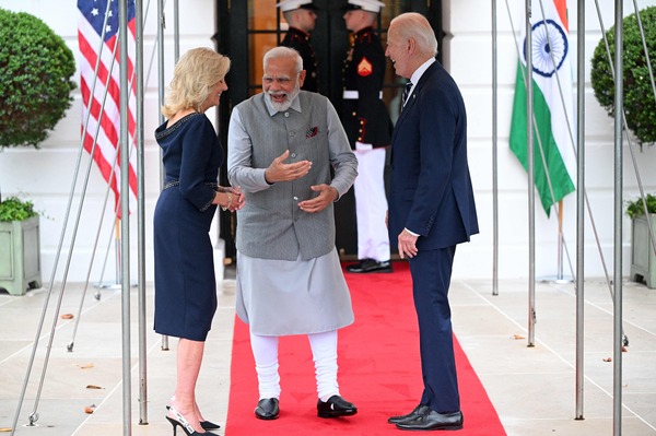 President Biden and first lady Jill Biden greet Indian Prime Minister Narendra Modi at the White House for a private dinner the night before a gala state visit.