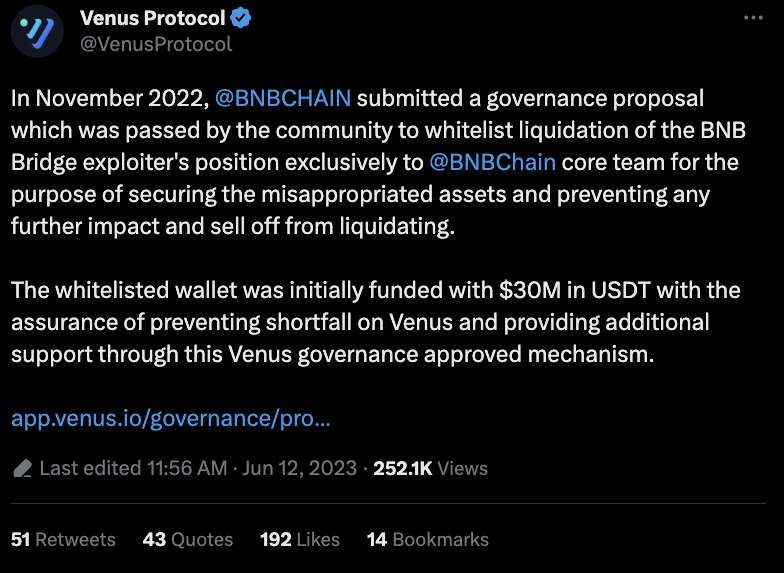 Venus Protocol Tweet