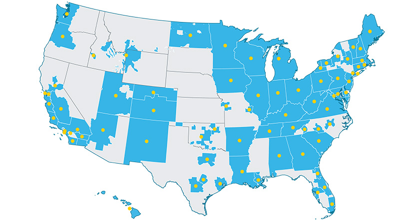 A blue map of the united States