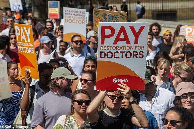 The British Medical Association has announced they will hold a five-day strike next month (Pictured: Medics demonstrating in London two weeks ago)