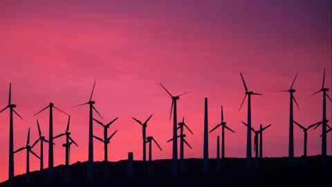 Electric energy generating wind turbines are seen on a wind farm in the San Gorgonio Pass near Palm Strings