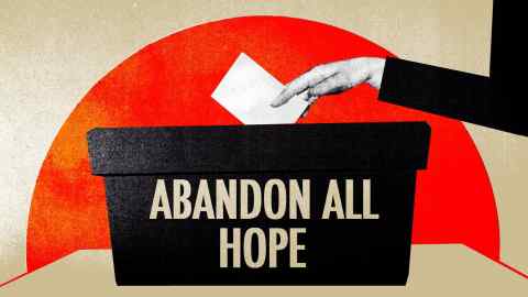 Ellie Foreman-Peck illustration of a hand dropping a voting paper into a ballot box marked ‘Abandon all hope’