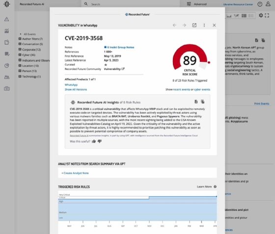 An example of a Recorded Future AI summary analysis for a vulnerability search.