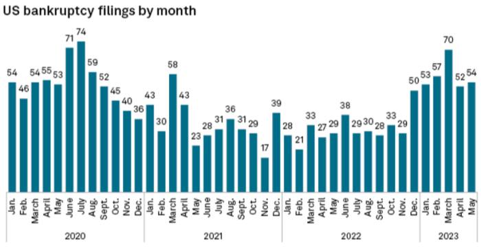 A chart showing US bankruptcy filings by month