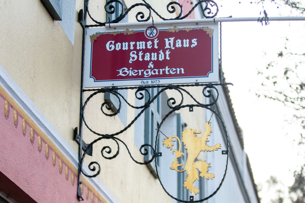 The sign outside the front of Gourmet Haus Staudt for the German speciality store and beer garden in Redwood Calif., on January 14, 2022.