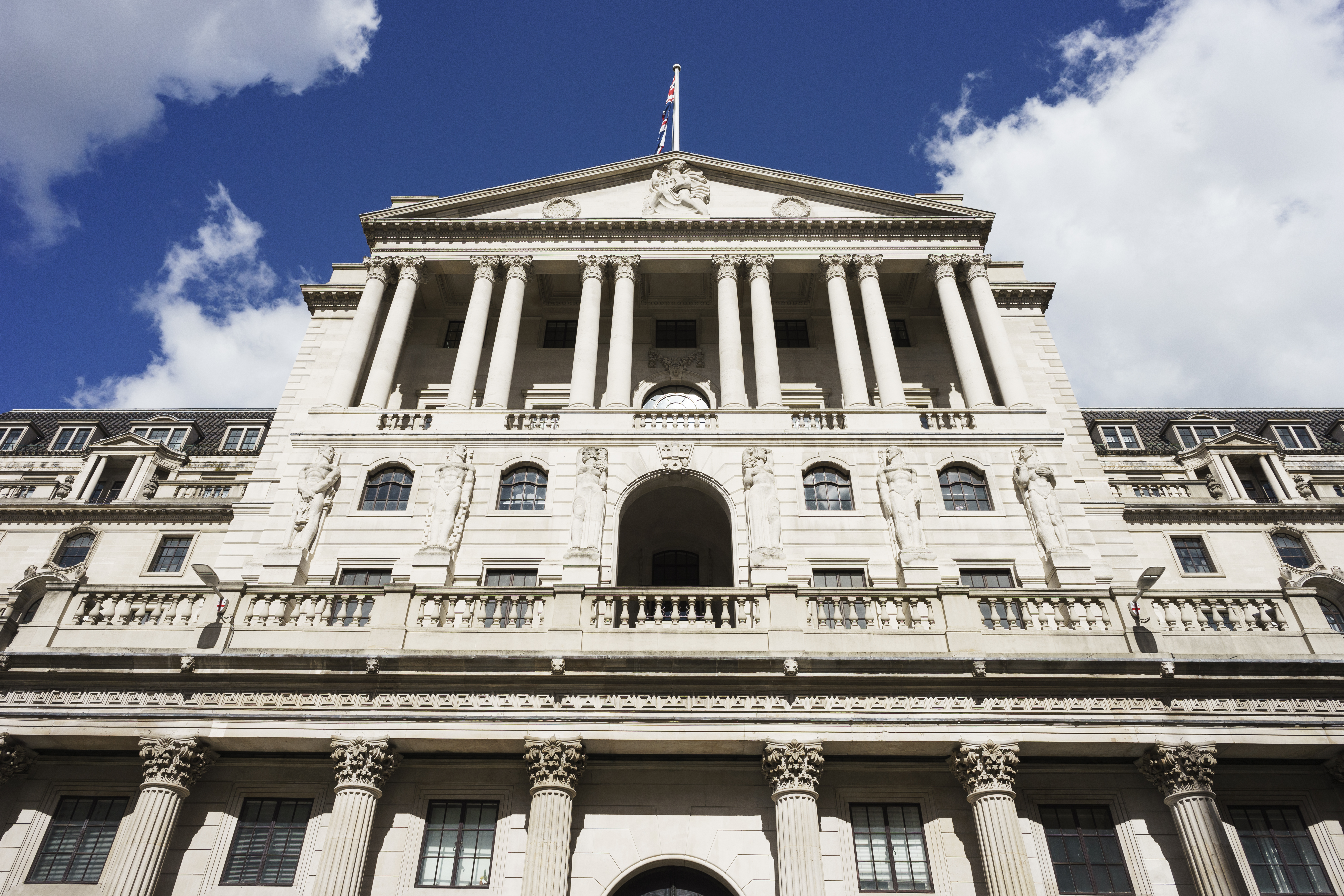 UK, London, low angle view of Bank of England on a bright sunny day