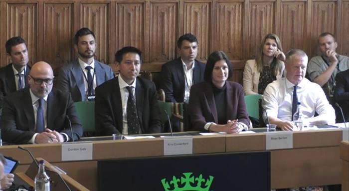 From left: Gordon Gafa, of Tesco; Asda’s Kris Comerford; Rhian Bartlett, from Sainsbury’s; and Morrisons chief David Potts at the committee meeting on Tuesday