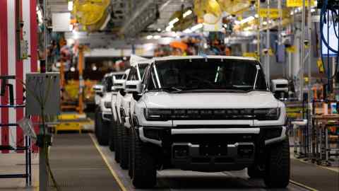 GMC Hummer electric vehicles on the production line at General Motors’ Factory ZERO all-electric vehicle assembly plant in Detroit, Michigan