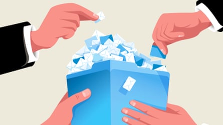 An illustration of hands taking tiny envelopes and files out of a box 