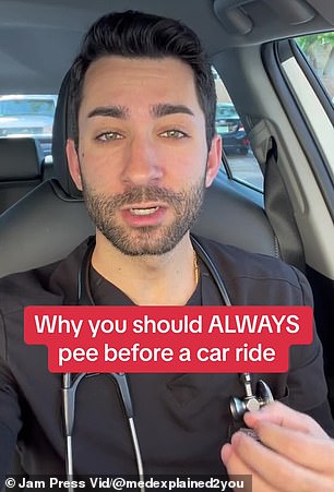 Physician assistant student Nicholas Romano shared on TikTok that peeing before getting in the car can lower the chance of bladder rupture if you get into an accident