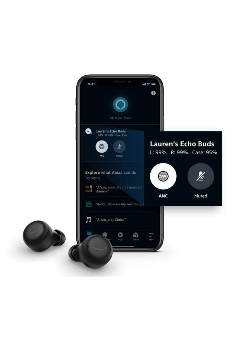 amazon echo buds 2nd gen next to a smartphone showing the Alexa app