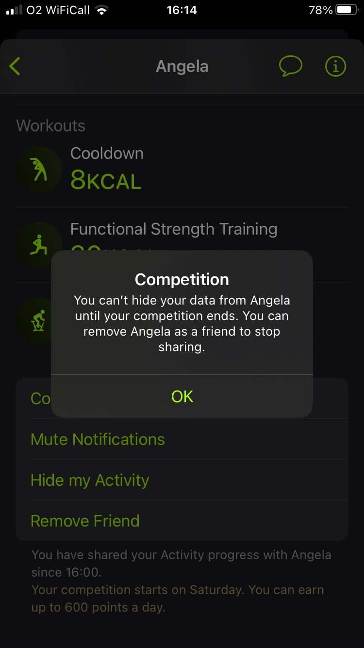Screenshot showing Hide Data not possible during competition in Apple Fitness