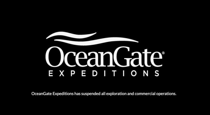 A black-and-white graphic that shows OceanGate&#39;s logo with text that reads &quot;OceanGate Expeditions has suspended all exploration and commercial operations.&quot;