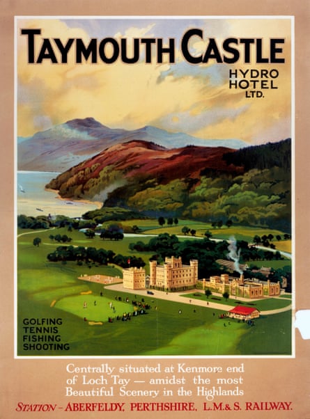 Attractive 1930s-style poster labelled “Taymouth Castle” with painting showing an aerial view of the castle and the grounds, with mountains and the loch in the distance