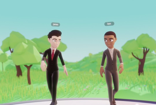 A meeting in the metaverse. Two people are using their digital avatars to meet online in virtual reality.