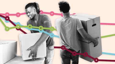 FT montage of young people moving boxes of their possessions, with the lines of a chart falling around them