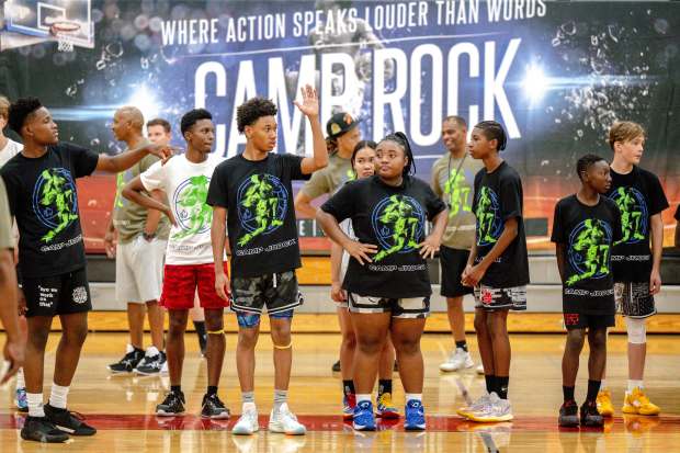 Youth athletes participate in Camp Jrock, a free basketball camp...