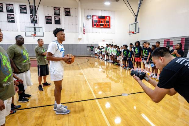 Riverside native and ex-UCLA basketball player Jaylen Clark speaks to...