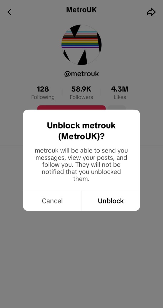 Screenshot of unblocking tiktok user 