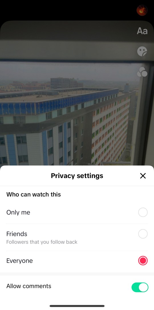 Screenshot showing privacy settings on TikTok