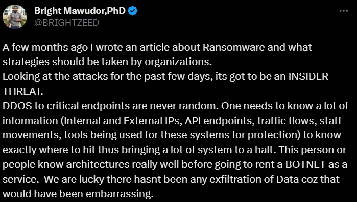 A Twitter user, @BRIGHTZEED, talking about the insider threats being the cause of most attacks.