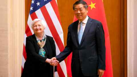 Treasury Secretary Janet Yellen, left, shakes hands with Chinese Vice Premier He Lifeng during a meeting at the Diaoyutai State Guesthouse in Beijing, China, Saturday, July 8, 2023.