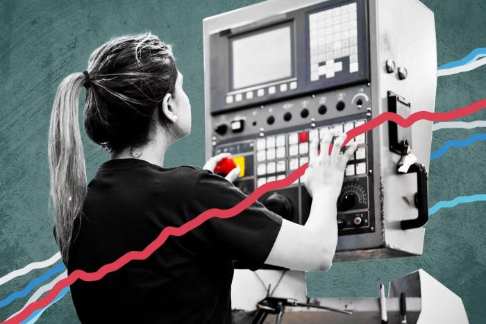 Montage showing chart lines over an image of a woman operating a machine 