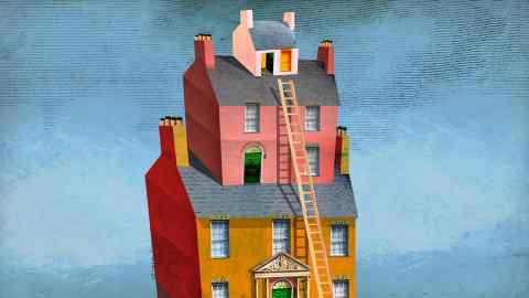 Jonathan McHugh illustration of three houses - the largest is at the bottom, the middle sized one on the top of the large one while the small house is stuck on top of the middle size one. There is a tall ladder for residents to climb up to the small house on top.