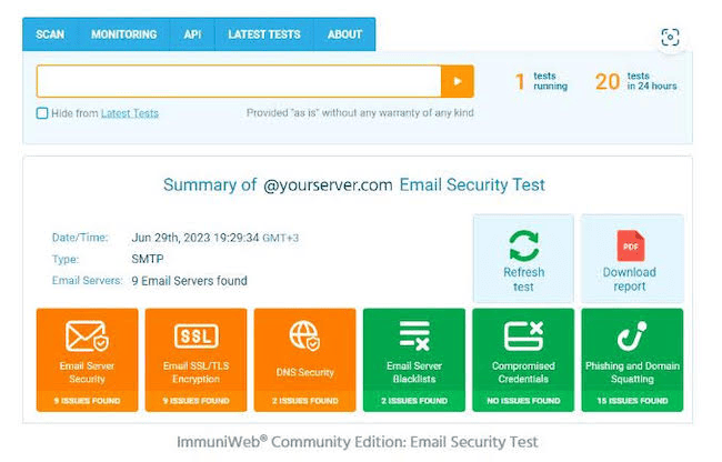 ImmuniWeb email security test